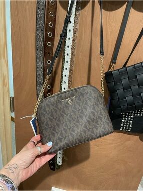 Michael Kors Brown Monogram Dome Crossbody with Gold Chain